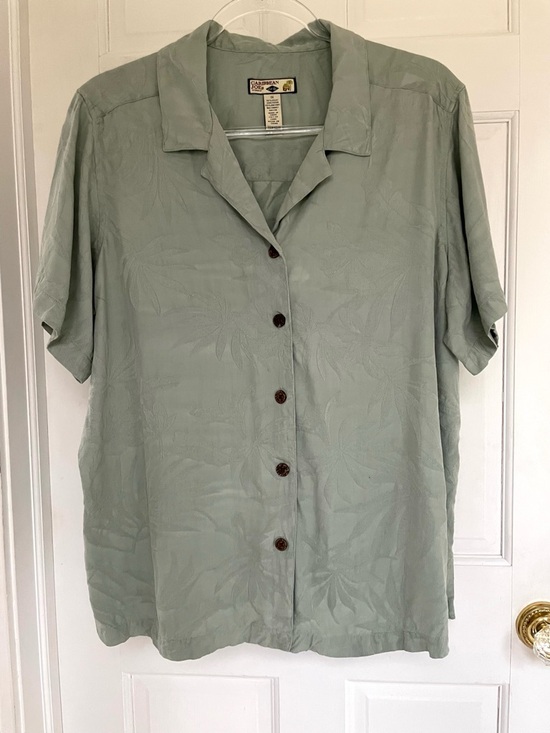 Caribbean Joe Tops - Caribbean Joe Sage Green Women's Blouse with Palm Logo